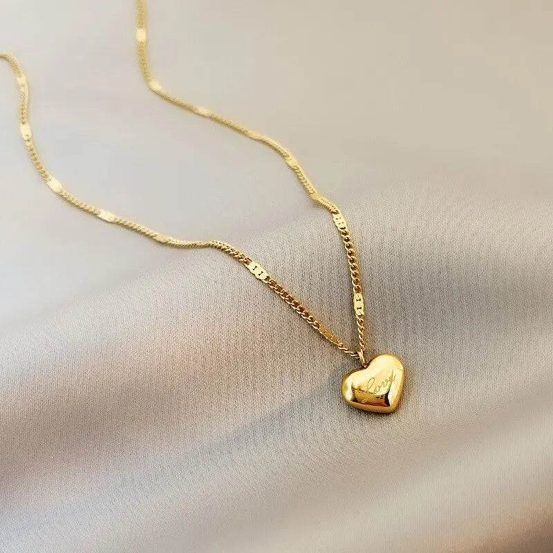 Gold Heart Necklace - Simple Engraved Love Chain for Women