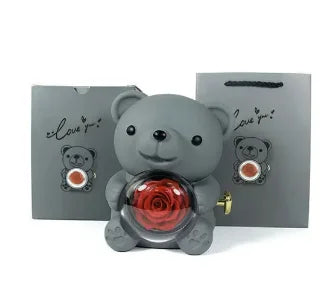 Eternal Rose Teddy Bear Gift Box with Necklace Rotating Rose Jewellery Box Valentine's Day Wedding Storage Box for Women Girlfriend