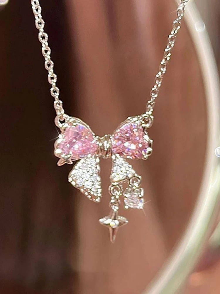 Elegant Pink Bow Necklace – Stylish Pendant for Ladies