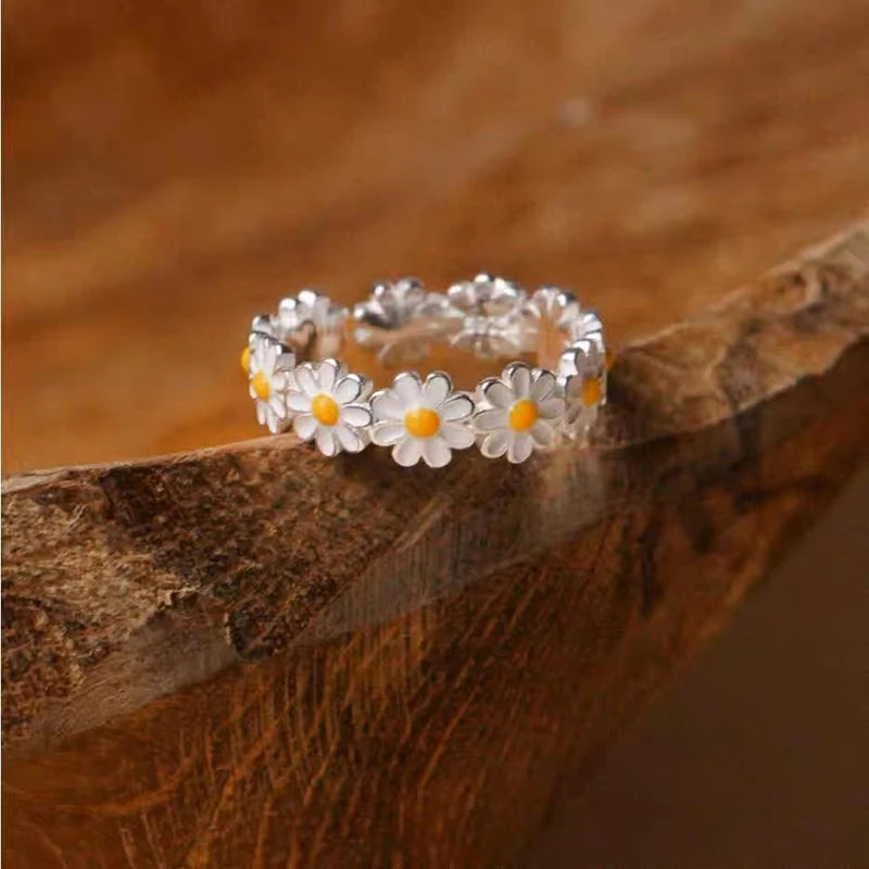 Sterling Silver Daisy Ring - Enamel Gift Jewelry