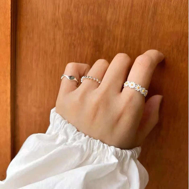 Sterling Silver Daisy Ring - Enamel Gift Jewelry