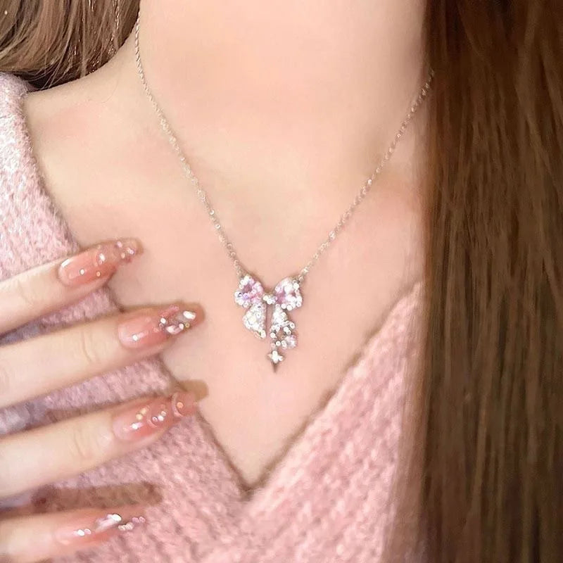 Elegant Pink Bow Necklace – Stylish Pendant for Ladies
