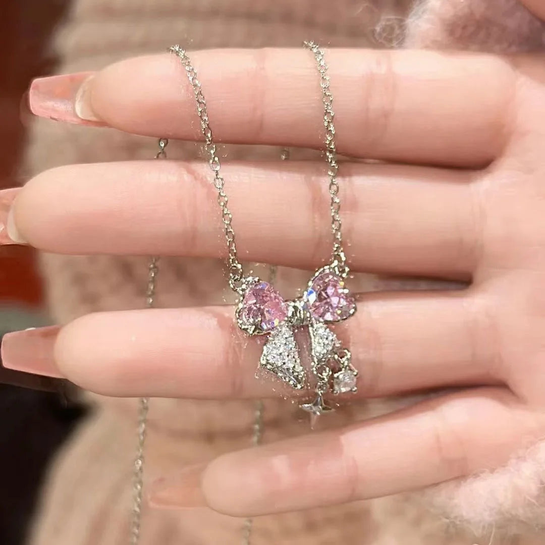 Elegant Pink Bow Necklace – Stylish Pendant for Ladies