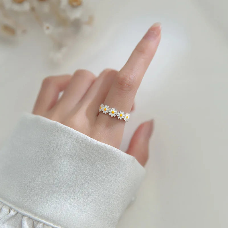 Sterling Silver Daisy Ring - Enamel Gift Jewelry