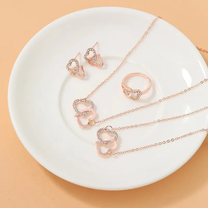 Gold Heart-Shaped Jewelry Set with Rhinestone Accents