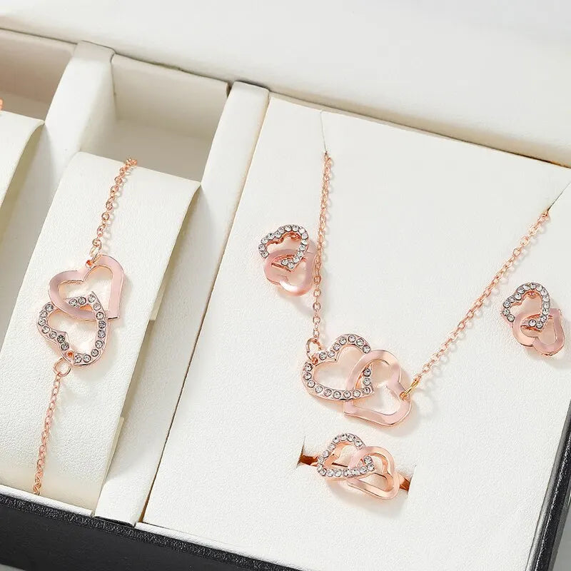 Gold Heart-Shaped Jewelry Set with Rhinestone Accents