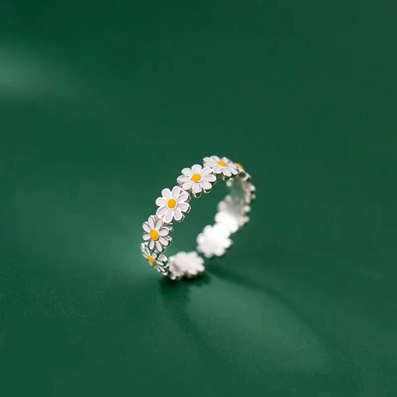 Sterling Silver Daisy Ring - Enamel Gift Jewelry