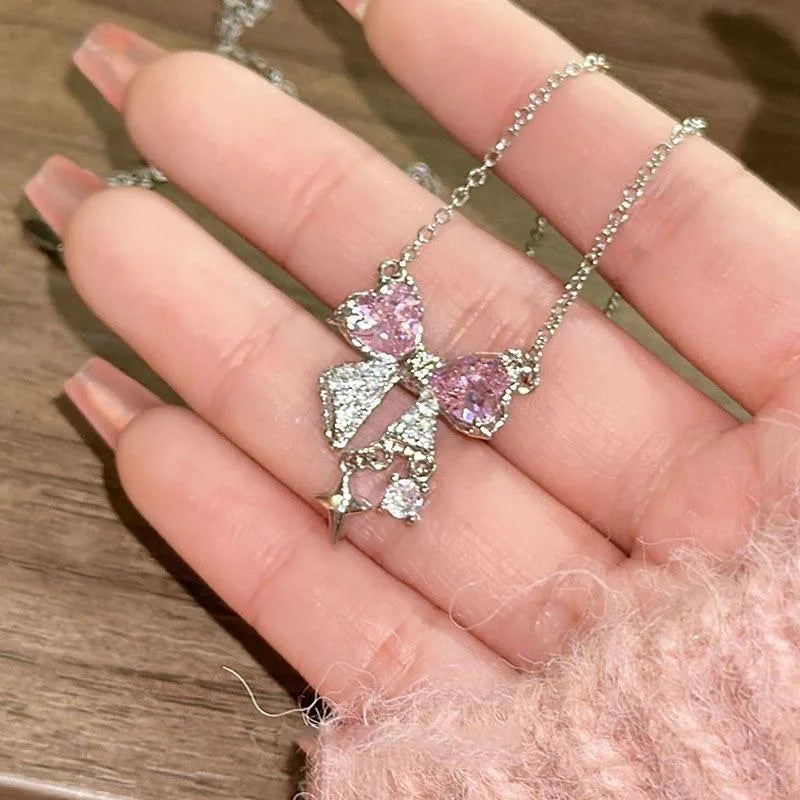 Elegant Pink Bow Necklace – Stylish Pendant for Ladies