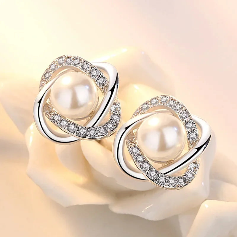 Stylish Pearl & Zircon Stud Earrings for Women