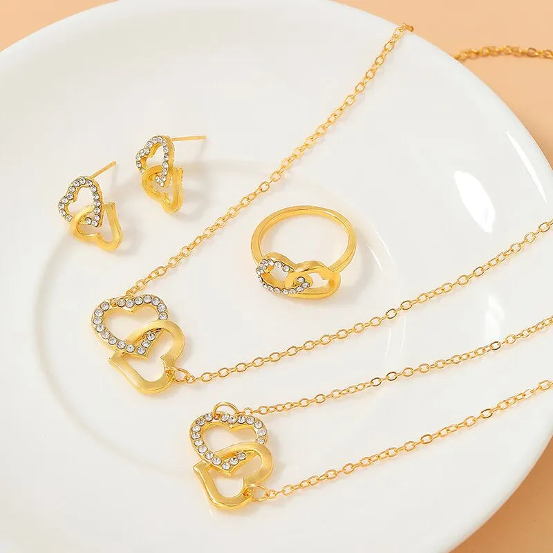 Gold Heart-Shaped Jewelry Set with Rhinestone Accents