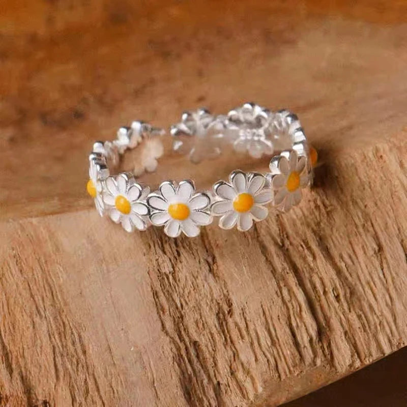 Sterling Silver Daisy Ring - Enamel Gift Jewelry