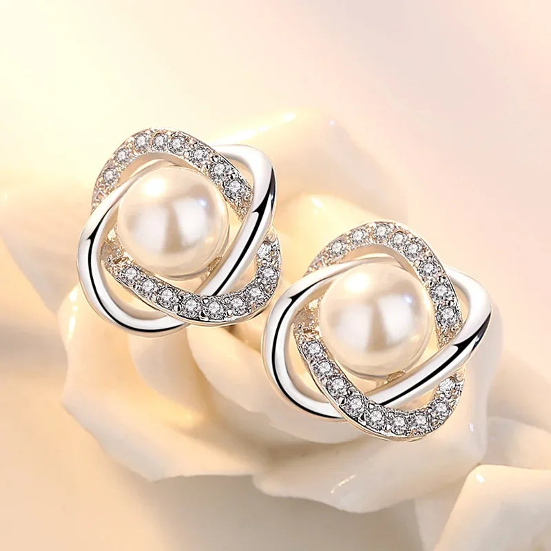 Stylish Pearl & Zircon Stud Earrings for Women