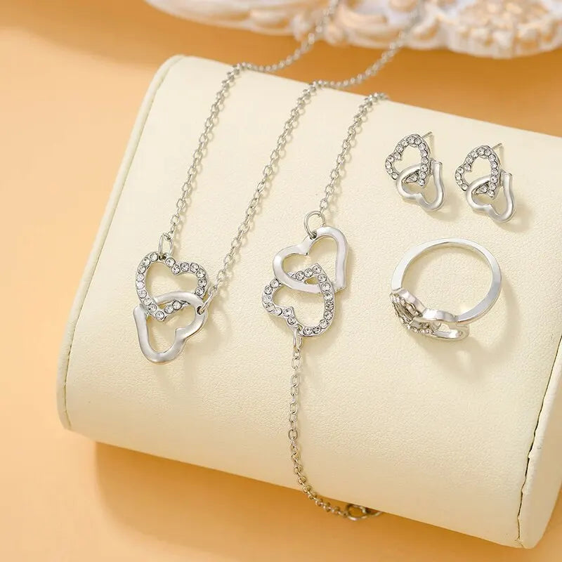 Gold Heart-Shaped Jewelry Set with Rhinestone Accents