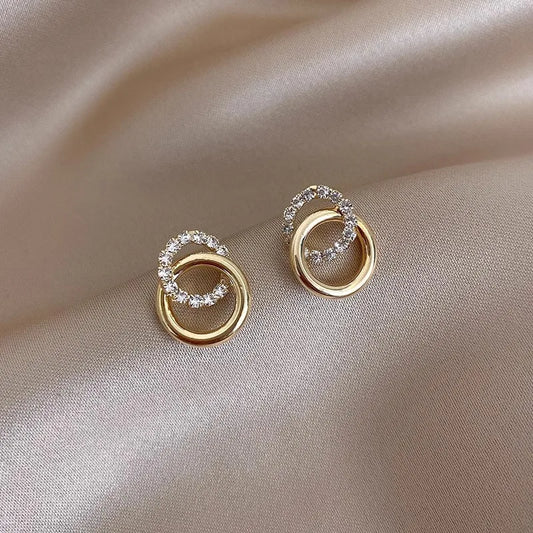 Gold Color Double Hoop Geometric Stud Earrings Sparkly Inlaid Rhinestone Earrings Female Fashion Light Luxury Ear Jewelry