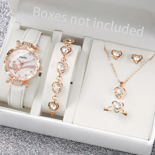 Fashion Rhinestone Women’s Watch & Jewelry Set – Leather Band.