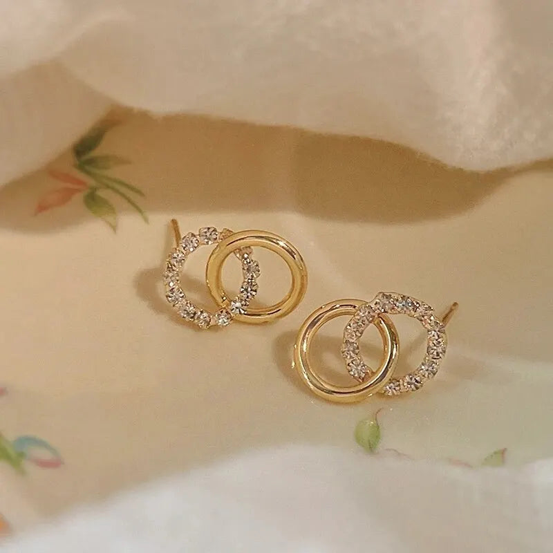 Gold Color Double Hoop Geometric Stud Earrings Sparkly Inlaid Rhinestone Earrings Female Fashion Light Luxury Ear Jewelry