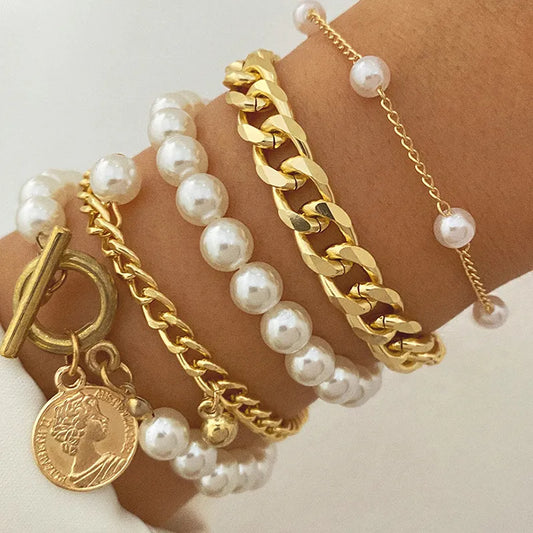 Gold Geometric Bracelet with Coin and Pearl