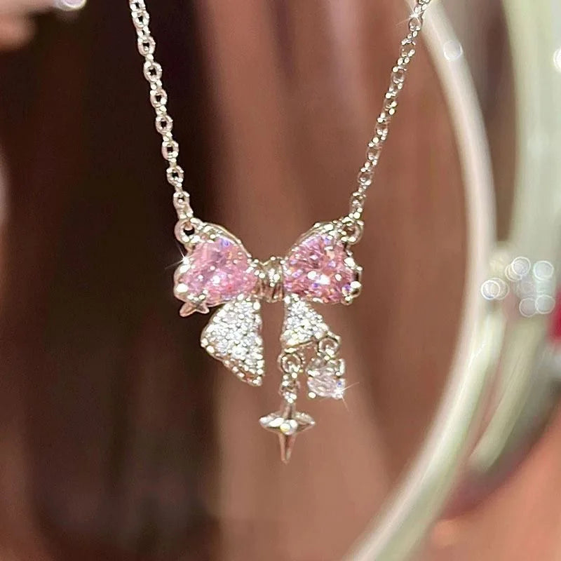 Elegant Pink Bow Necklace – Stylish Pendant for Ladies