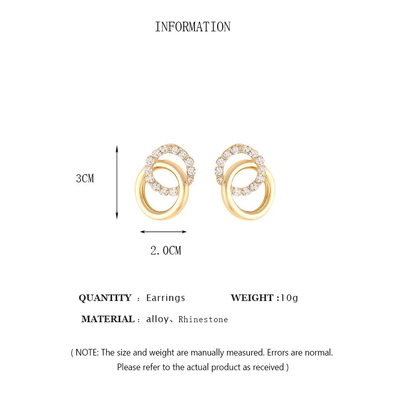 Gold Color Double Hoop Geometric Stud Earrings Sparkly Inlaid Rhinestone Earrings Female Fashion Light Luxury Ear Jewelry