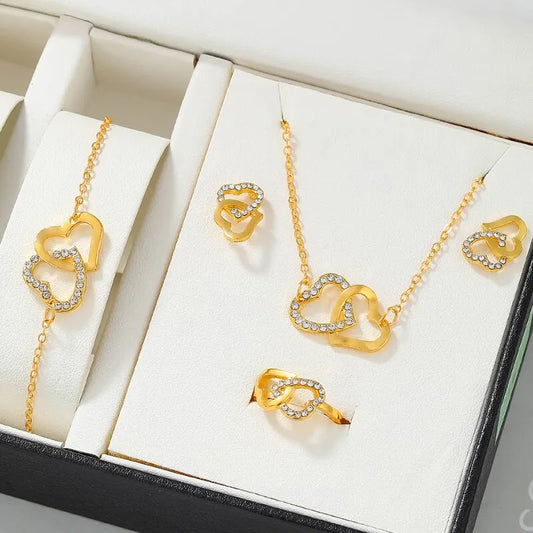 Gold Heart-Shaped Jewelry Set with Rhinestone Accents