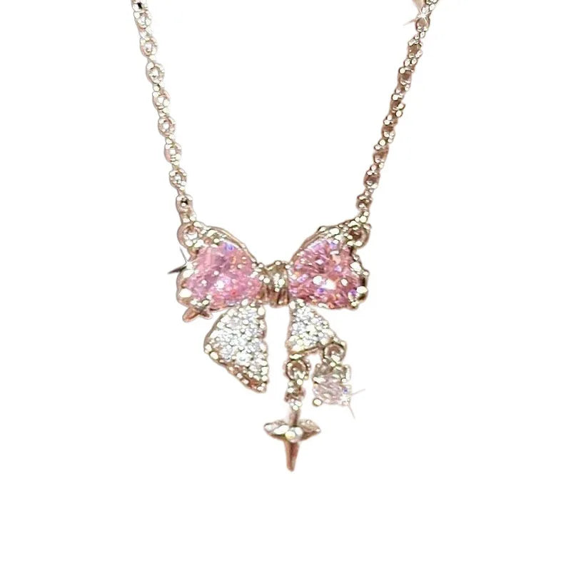 Elegant Pink Bow Necklace – Stylish Pendant for Ladies
