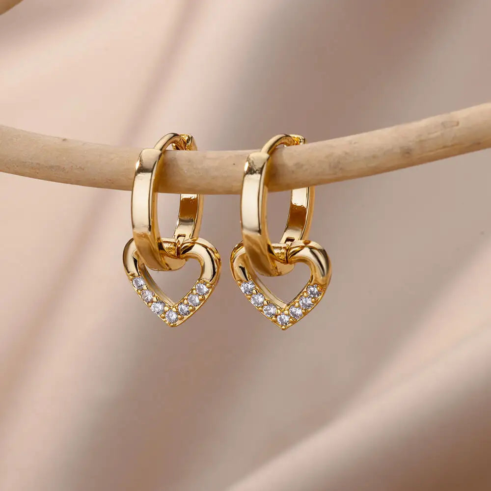 Gold-Plated Heart Hoop Earrings - Trendy Stainless Steel