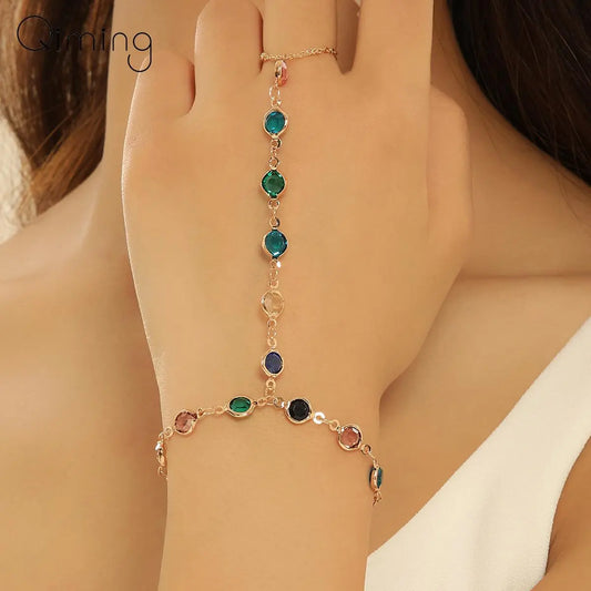 Colorful crystal chain bracelet with finger ring